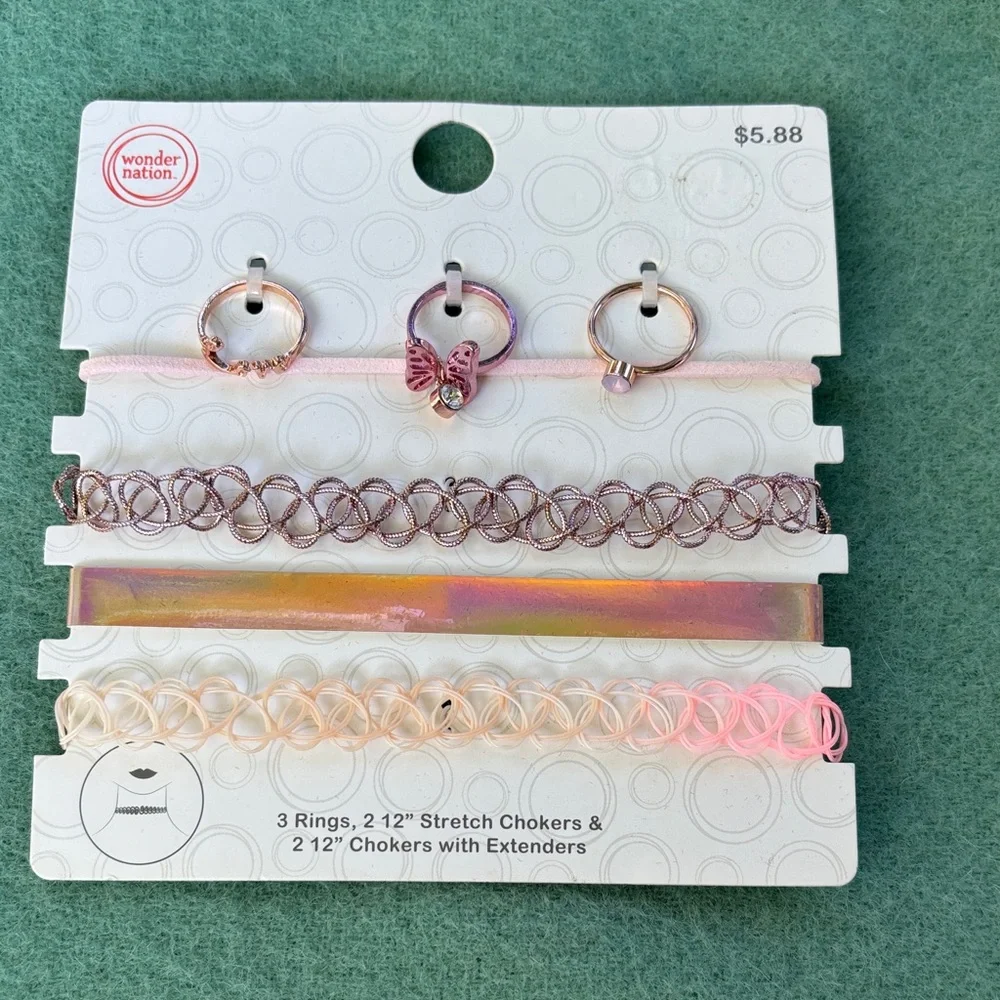 NWT Wonder Nation 4 12” Chokers 2 Extenders 3 Rings Set Butterfly Love Stretch